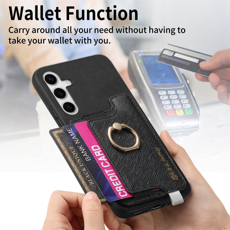 For Samsung Galaxy S25+ 5G Retro Cross Leather Ring Horizontal Insert Card Bag MagSafe Phone Case(Black) by buy2fix