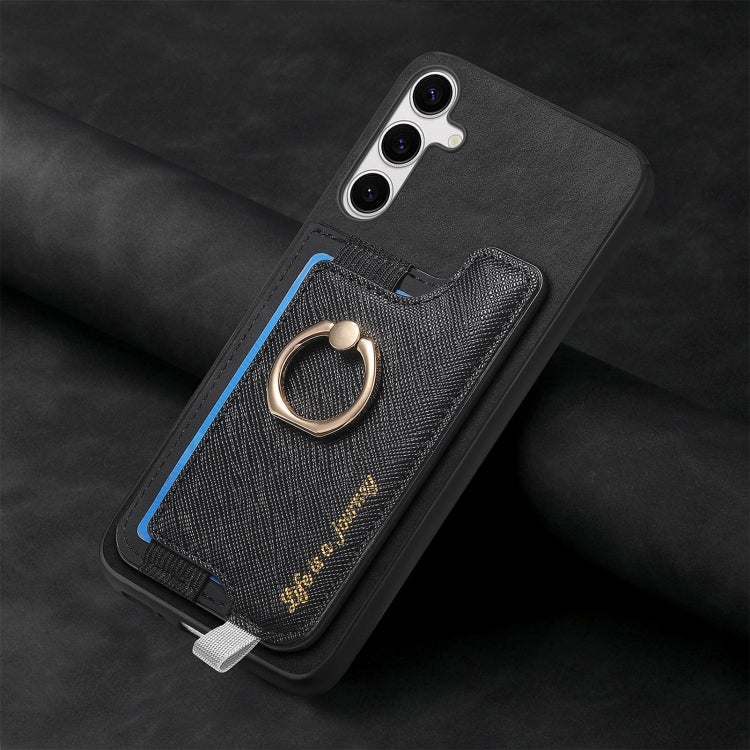 For Samsung Galaxy S25+ 5G Retro Cross Leather Ring Horizontal Insert Card Bag MagSafe Phone Case(Black) by buy2fix