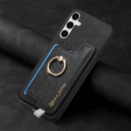 For Samsung Galaxy S25+ 5G Retro Cross Leather Ring Horizontal Insert Card Bag MagSafe Phone Case(Black) by buy2fix