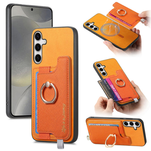 For Samsung Galaxy S25 Ultra 5G Retro Cross Leather Ring Horizontal Insert Card Bag MagSafe Phone Case(Yellow) by buy2fix