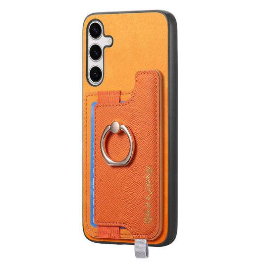 For Samsung Galaxy S25 Ultra 5G Retro Cross Leather Ring Horizontal Insert Card Bag MagSafe Phone Case(Yellow) by buy2fix