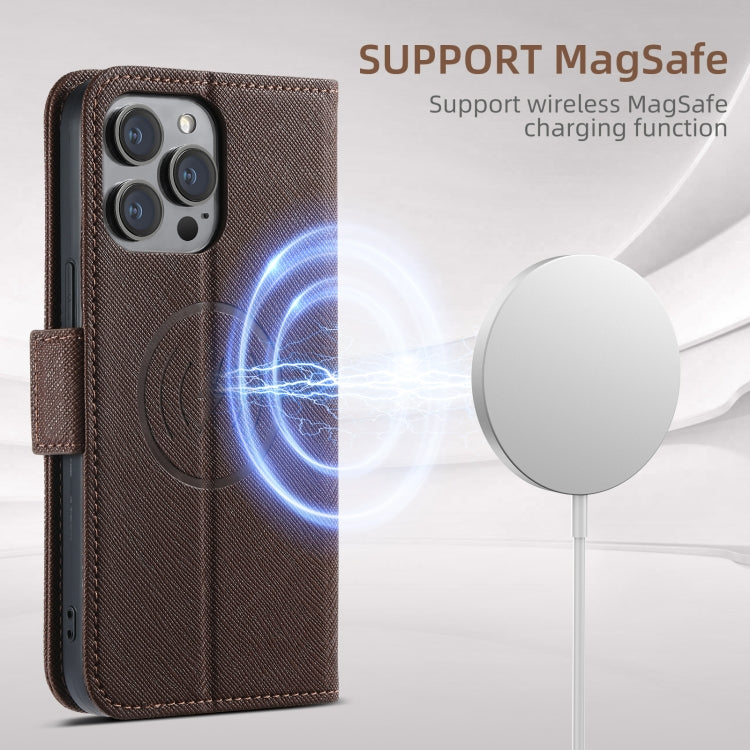 For iPhone 15 Pro Suteni J08 Multifunctional Cross Texture MagSafe Leather Phone Case(Brown) - iPhone 15 Pro Cases by Suteni | Online Shopping UK | buy2fix