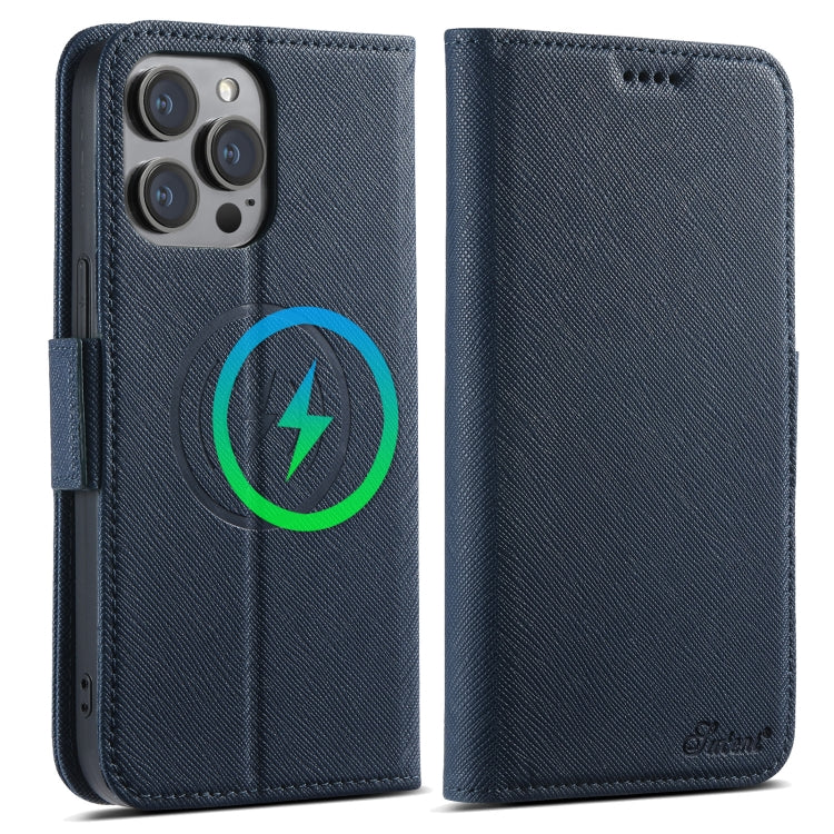 For iPhone 15 Pro Max Suteni J08 Multifunctional Cross Texture MagSafe Leather Phone Case(Blue) - iPhone 15 Pro Max Cases by Suteni | Online Shopping UK | buy2fix