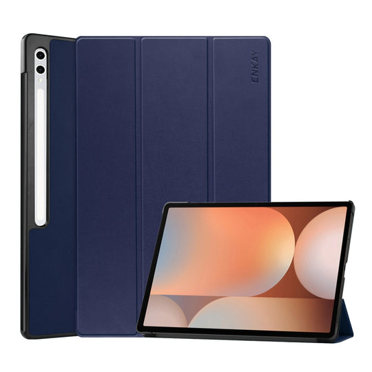 For Samsung Galaxy Tab S10+ / S9+ / S9 FE+ ENKAY Tri-fold Custer Texture Plastic Leather Smart Tablet Case with Pen Slot(Dark Blue)