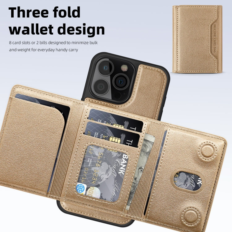 For iPhone 15 Shield Multi-functional MagSafe Card Bag Phone Case(Desert Gold) - iPhone 15 Cases by buy2fix | Online Shopping UK | buy2fix