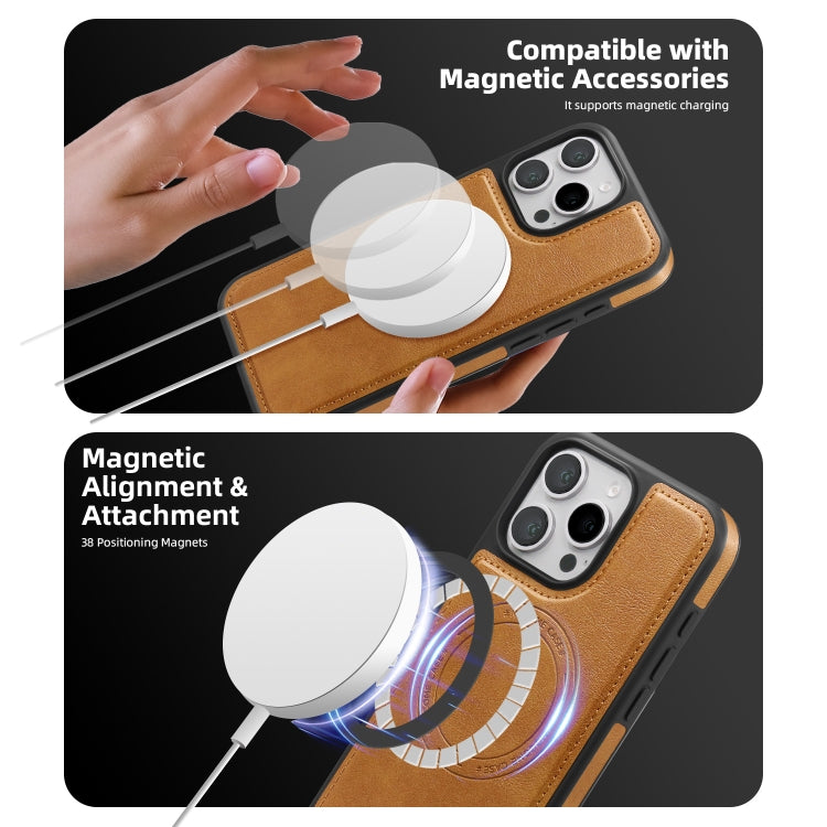 For iPhone 15 Shield Multi-functional MagSafe Card Bag Phone Case(Brown) - iPhone 15 Cases by buy2fix | Online Shopping UK | buy2fix