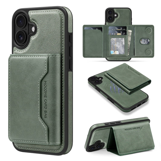 For iPhone 16 Plus Shield Multi-functional MagSafe Card Bag Phone Case(Green) - iPhone 16 Plus Cases by buy2fix | Online Shopping UK | buy2fix