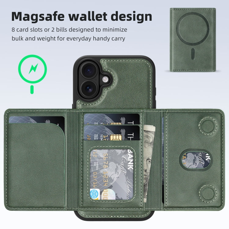 For iPhone 16 Plus Shield Multi-functional MagSafe Card Bag Phone Case(Green) - iPhone 16 Plus Cases by buy2fix | Online Shopping UK | buy2fix