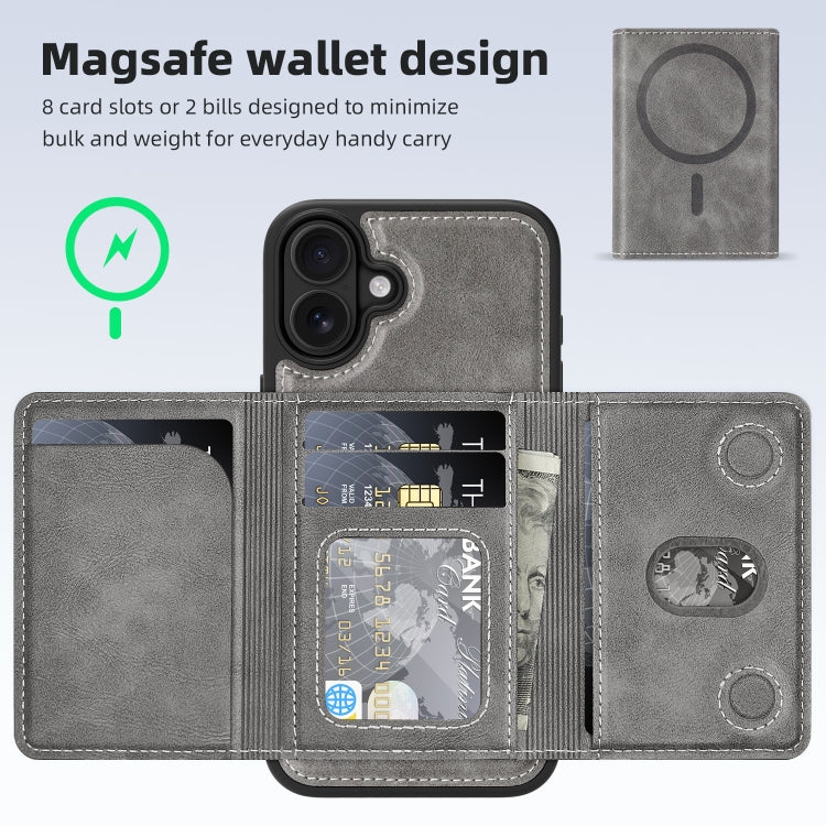 For iPhone 16 Shield Multi-functional MagSafe Card Bag Phone Case(Grey) - iPhone 16 Cases by buy2fix | Online Shopping UK | buy2fix
