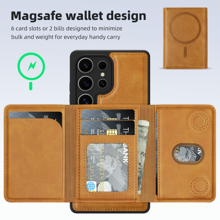 For Samsung Galaxy S25 5G Shield Multi-functional MagSafe Card Bag Phone Case(Brown) by buy2fix