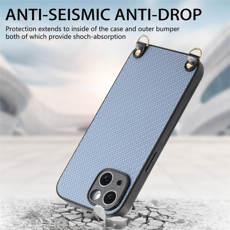For iPhone 16 Pro Max Carbon Fiber Texture Leather Back Phone Case with Crossbody Strap(Blue) by buy2fix