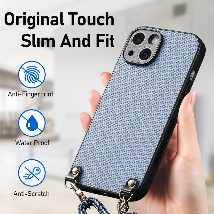 For iPhone 16 Pro Max Carbon Fiber Texture Leather Back Phone Case with Crossbody Strap(Blue) by buy2fix