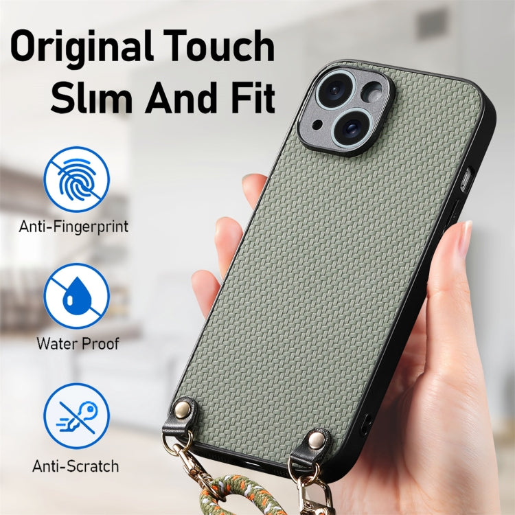 For iPhone 16 Pro Carbon Fiber Texture Leather Back Phone Case with Crossbody Strap(Green) - iPhone 16 Pro Cases by buy2fix | Online Shopping UK | buy2fix