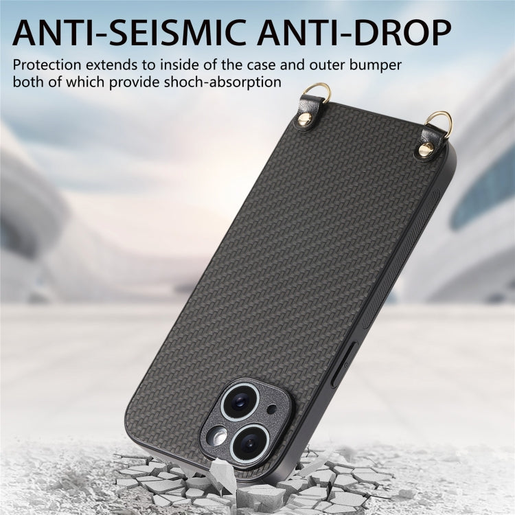 For iPhone 16 Pro Carbon Fiber Texture Leather Back Phone Case with Crossbody Strap(Black) - iPhone 16 Pro Cases by buy2fix | Online Shopping UK | buy2fix