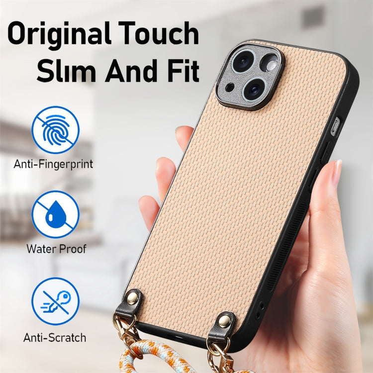 For iPhone 16 Pro Carbon Fiber Texture Leather Back Phone Case with Crossbody Strap(Khaki) - iPhone 16 Pro Cases by buy2fix | Online Shopping UK | buy2fix