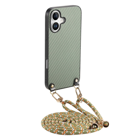 For iPhone 16 Plus Carbon Fiber Texture Leather Back Phone Case with Crossbody Strap(Green) - iPhone 16 Plus Cases by buy2fix | Online Shopping UK | buy2fix