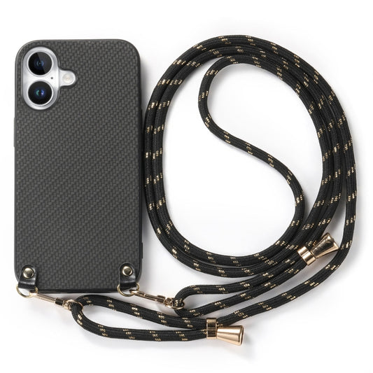 For iPhone 16 Plus Carbon Fiber Texture Leather Back Phone Case with Crossbody Strap(Black) - iPhone 16 Plus Cases by buy2fix | Online Shopping UK | buy2fix