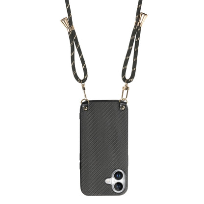 For iPhone 16 Plus Carbon Fiber Texture Leather Back Phone Case with Crossbody Strap(Black) - iPhone 16 Plus Cases by buy2fix | Online Shopping UK | buy2fix