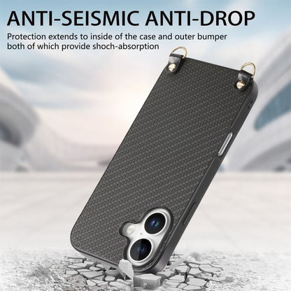 For iPhone 16 Plus Carbon Fiber Texture Leather Back Phone Case with Crossbody Strap(Black) - iPhone 16 Plus Cases by buy2fix | Online Shopping UK | buy2fix