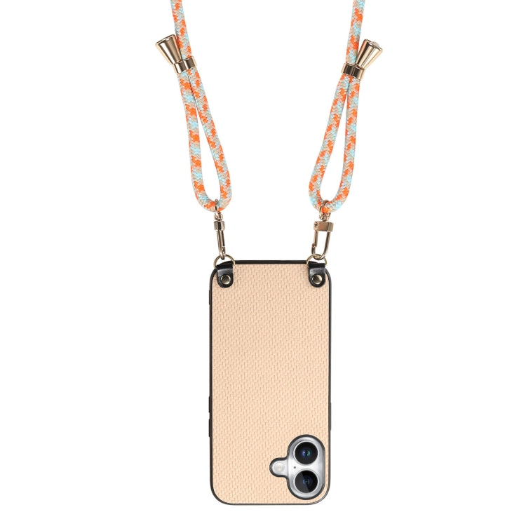 For iPhone 16 Plus Carbon Fiber Texture Leather Back Phone Case with Crossbody Strap(Khaki) by buy2fix
