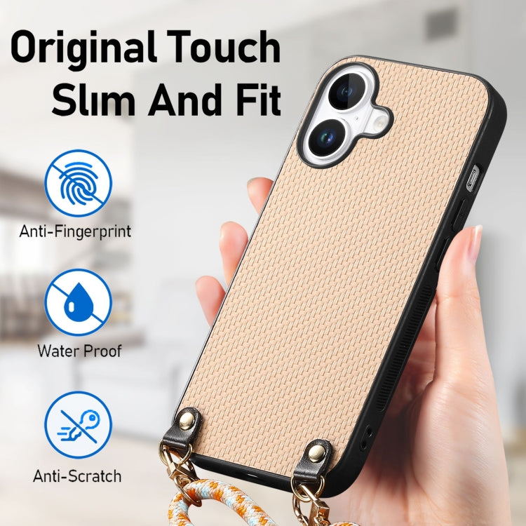For iPhone 16 Plus Carbon Fiber Texture Leather Back Phone Case with Crossbody Strap(Khaki) by buy2fix