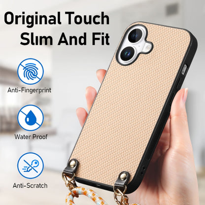 For iPhone 16 Plus Carbon Fiber Texture Leather Back Phone Case with Crossbody Strap(Khaki) by buy2fix