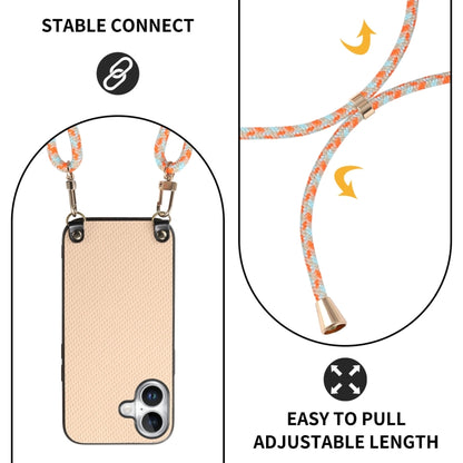 For iPhone 16 Plus Carbon Fiber Texture Leather Back Phone Case with Crossbody Strap(Khaki) by buy2fix