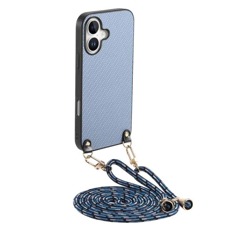 For iPhone 16 Plus Carbon Fiber Texture Leather Back Phone Case with Crossbody Strap(Blue) by buy2fix