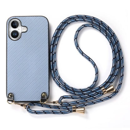 For iPhone 16 Plus Carbon Fiber Texture Leather Back Phone Case with Crossbody Strap(Blue) by buy2fix