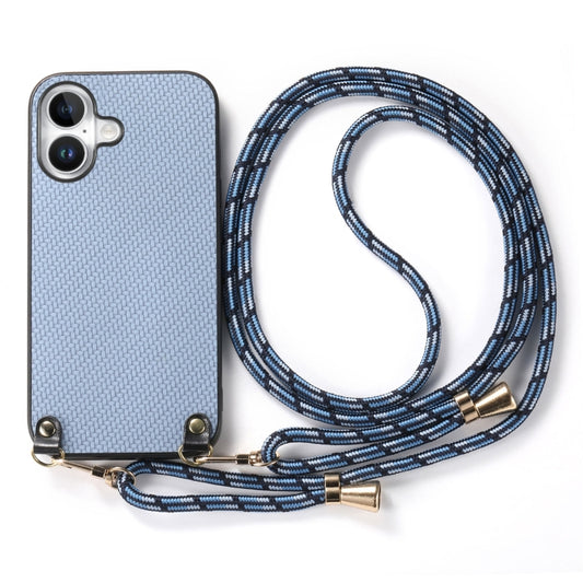 For iPhone 16 Plus Carbon Fiber Texture Leather Back Phone Case with Crossbody Strap(Blue) - iPhone 16 Plus Cases by buy2fix | Online Shopping UK | buy2fix