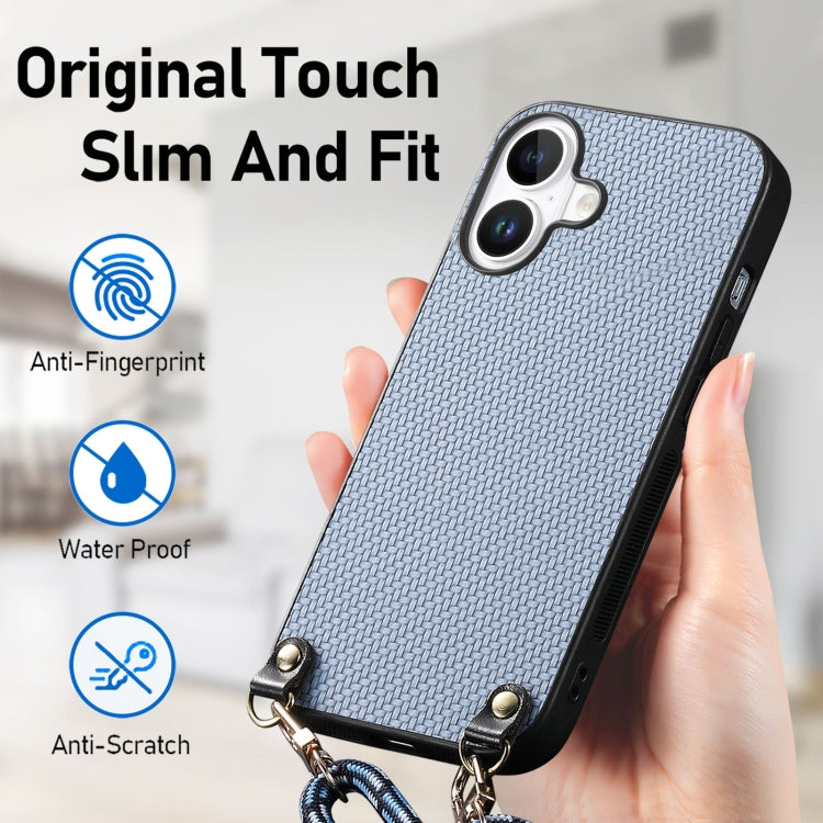 For iPhone 16 Plus Carbon Fiber Texture Leather Back Phone Case with Crossbody Strap(Blue) by buy2fix