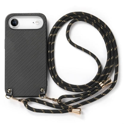 For iPhone Air Carbon Fiber Texture Leather Back Phone Case with Crossbody Strap(Black) - iPhone Air Cases by buy2fix | Online Shopping UK | buy2fix