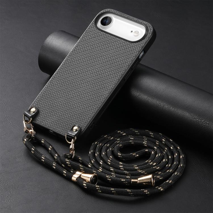 For iPhone Air Carbon Fiber Texture Leather Back Phone Case with Crossbody Strap(Black) - iPhone Air Cases by buy2fix | Online Shopping UK | buy2fix