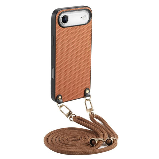 For iPhone Air Carbon Fiber Texture Leather Back Phone Case with Crossbody Strap(Brown) - iPhone Air Cases by buy2fix | Online Shopping UK | buy2fix