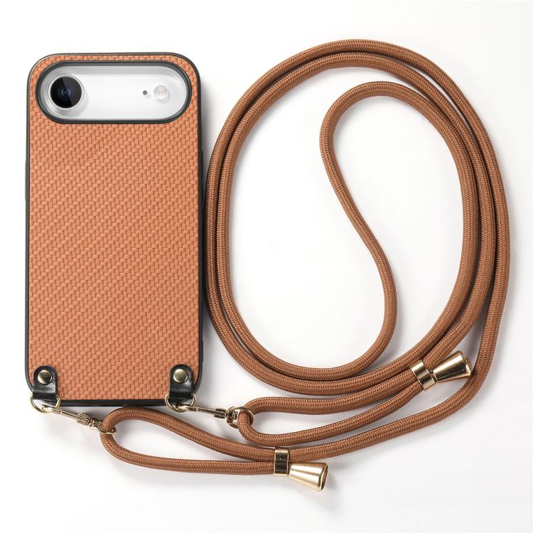 For iPhone Air Carbon Fiber Texture Leather Back Phone Case with Crossbody Strap(Brown) - iPhone Air Cases by buy2fix | Online Shopping UK | buy2fix