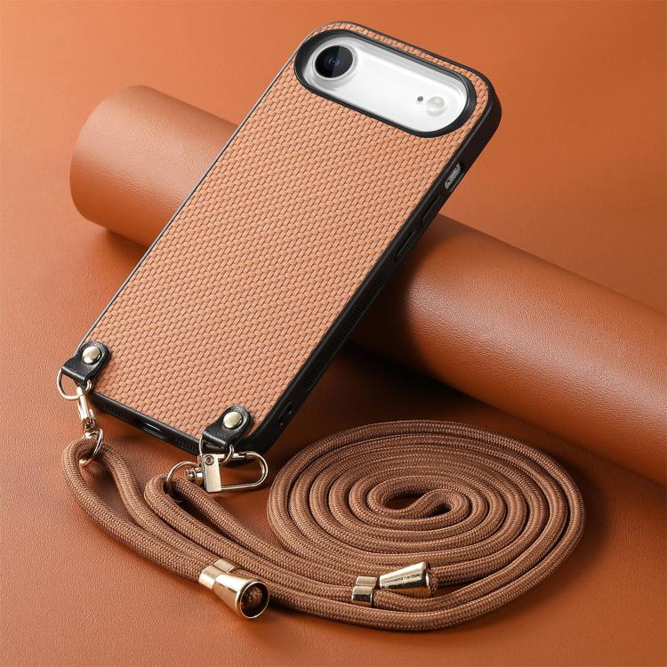 For iPhone Air Carbon Fiber Texture Leather Back Phone Case with Crossbody Strap(Brown) - iPhone Air Cases by buy2fix | Online Shopping UK | buy2fix