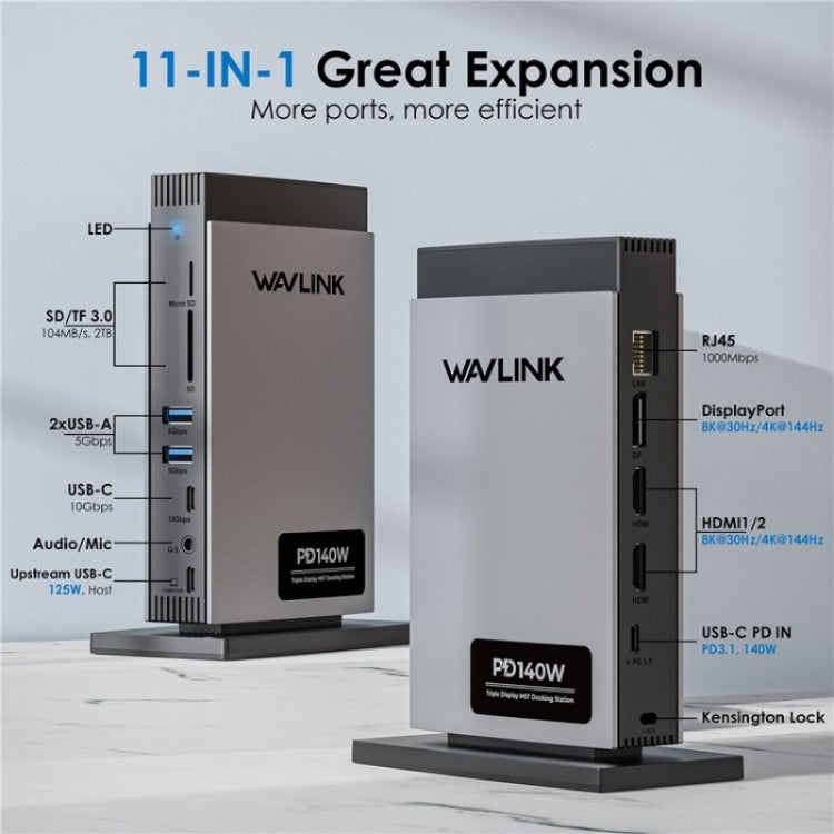WAVLINK WL-UMD26 11 in 1 140W PD 3.1 USB-C 8K Displayport Charging Docking Station - USB HUB by WAVLINK | Online Shopping UK | buy2fix