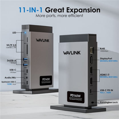 WAVLINK WL-UMD26 11 in 1 140W PD 3.1 USB-C 8K Displayport Charging Docking Station - USB HUB by WAVLINK | Online Shopping UK | buy2fix