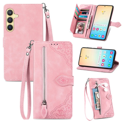 For Samsung Galaxy S25 5G Embossed Flower Zipper Leather Phone Case(Pink) by buy2fix
