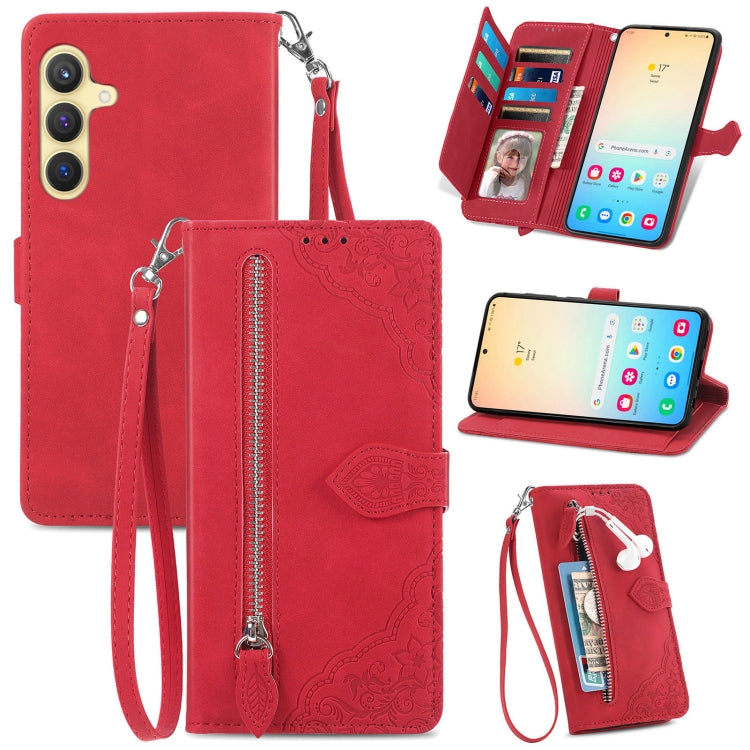For Samsung Galaxy S25 5G Embossed Flower Zipper Leather Phone Case(Red) by buy2fix