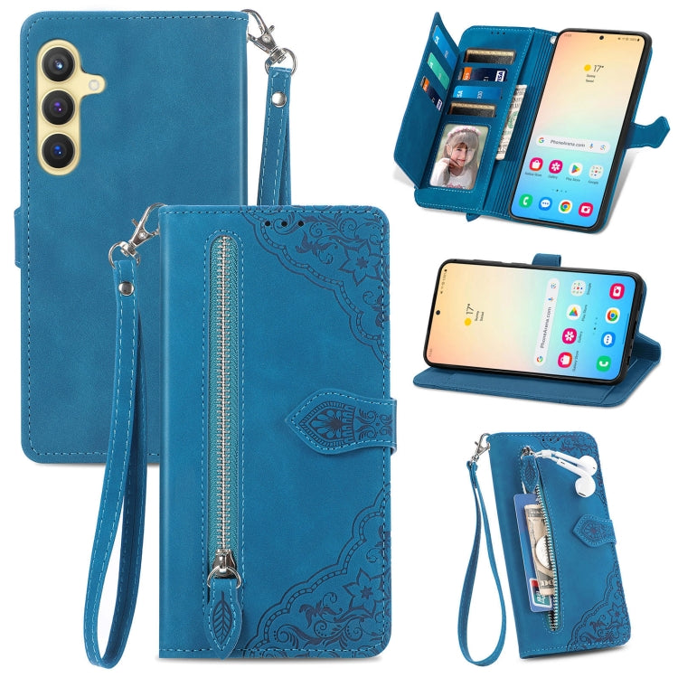 For Samsung Galaxy S25 5G Embossed Flower Zipper Leather Phone Case(Blue) by buy2fix