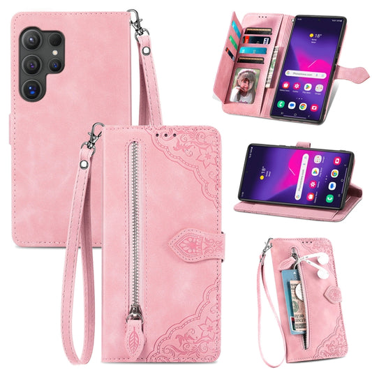 For Samsung Galaxy S25 Ultra 5G Embossed Flower Zipper Leather Phone Case(Pink) by buy2fix