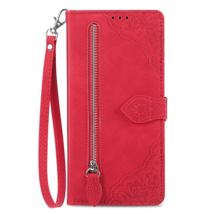 For Samsung Galaxy S25 Ultra 5G Embossed Flower Zipper Leather Phone Case(Red) by buy2fix