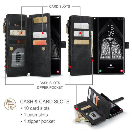 For Samsung Galaxy S25 Ultra 5G CaseMe C30 Card Slots Zipper Wallet Leather Phone Case(Black) - Galaxy S25 Ultra 5G Cases by CaseMe | Online Shopping UK | buy2fix