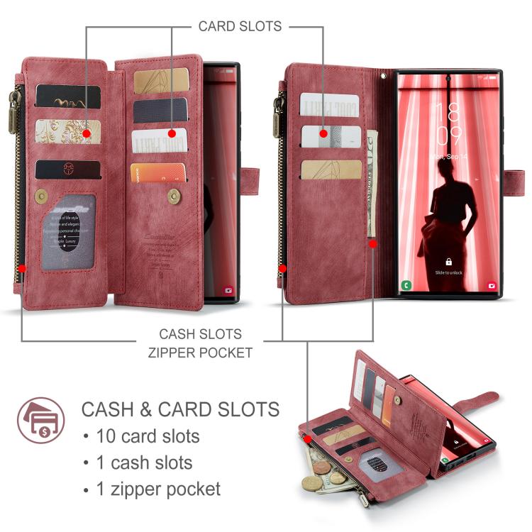 For Samsung Galaxy S25 Ultra 5G CaseMe C30 Card Slots Zipper Wallet Leather Phone Case(Red) - Galaxy S25 Ultra 5G Cases by CaseMe | Online Shopping UK | buy2fix