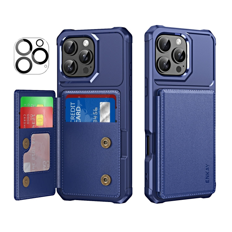 For iPhone 16 Pro Max ENKAY Hat-Prince Card Slot Wallet TPU Back Leather Phone Case with Lens Film(Dark Blue) by ENKAY