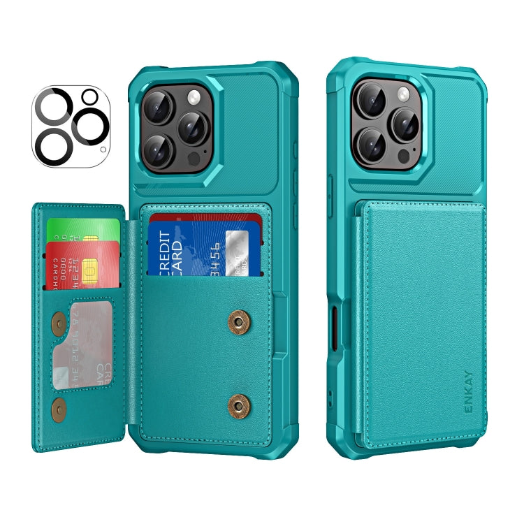 For iPhone 16 Pro Max ENKAY Hat-Prince Card Slot Wallet TPU Back Leather Phone Case with Lens Film(Cyan) by ENKAY