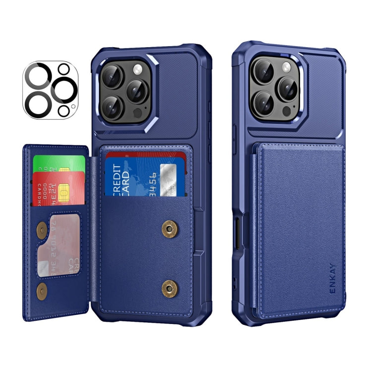 For iPhone 15 Pro Max ENKAY Hat-Prince Card Slot Wallet TPU Back Leather Phone Case with Lens Film(Dark Blue) - iPhone 15 Pro Max Cases by ENKAY | Online Shopping UK | buy2fix