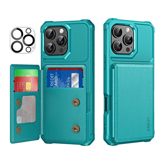 For iPhone 15 Pro Max ENKAY Hat-Prince Card Slot Wallet TPU Back Leather Phone Case with Lens Film(Cyan) - iPhone 15 Pro Max Cases by ENKAY | Online Shopping UK | buy2fix