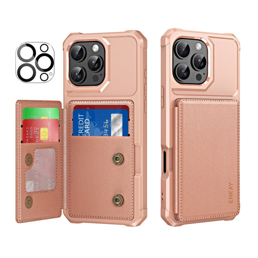 For iPhone 15 Pro ENKAY Hat-Prince Card Slot Wallet TPU Back Leather Phone Case with Lens Film(Rose Gold) - iPhone 15 Pro Cases by ENKAY | Online Shopping UK | buy2fix